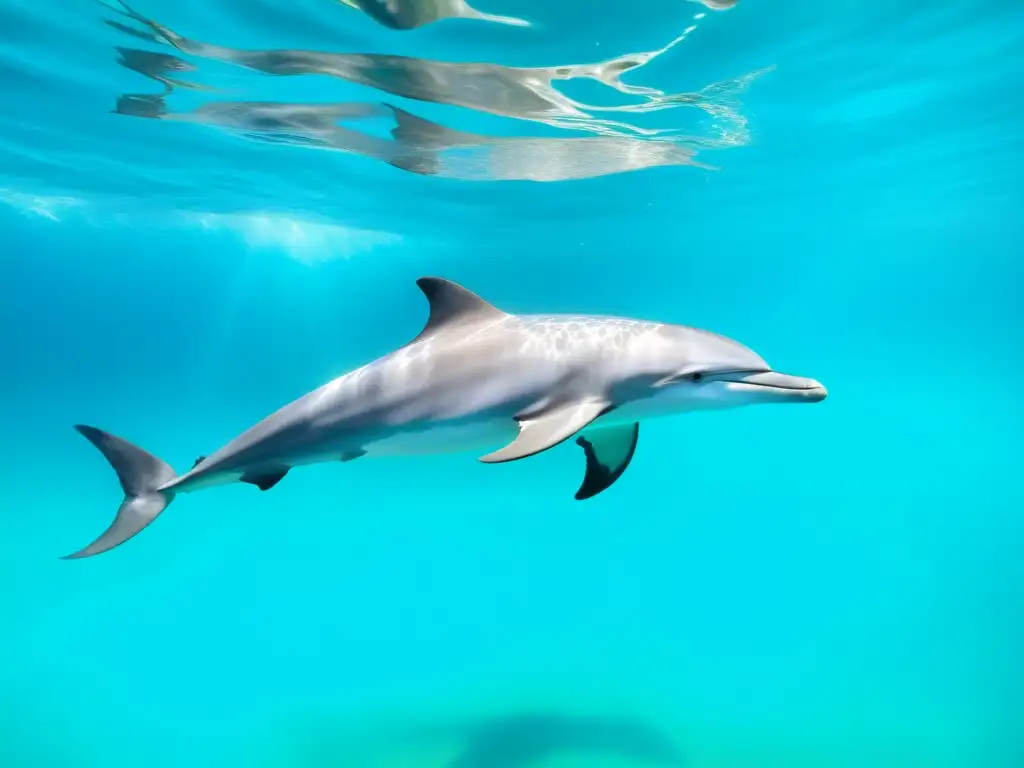 Una majestuosa pod de delfines nadando en aguas turquesas cristalinas, con la amenaza de la contaminación acústica en mamíferos marinos al fondo