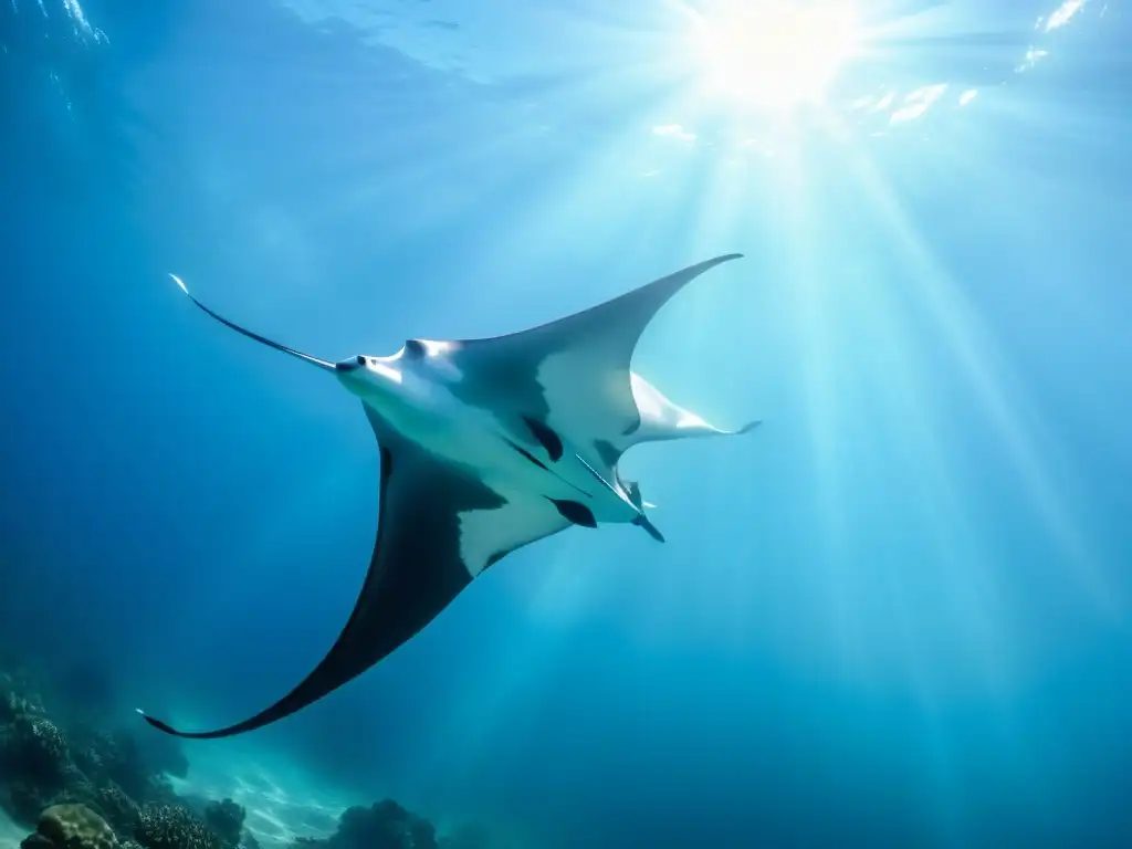 Una majestuosa raya manta deslizándose grácilmente en aguas cristalinas, iluminada por la luz solar, evocando la belleza del periodismo marino ético