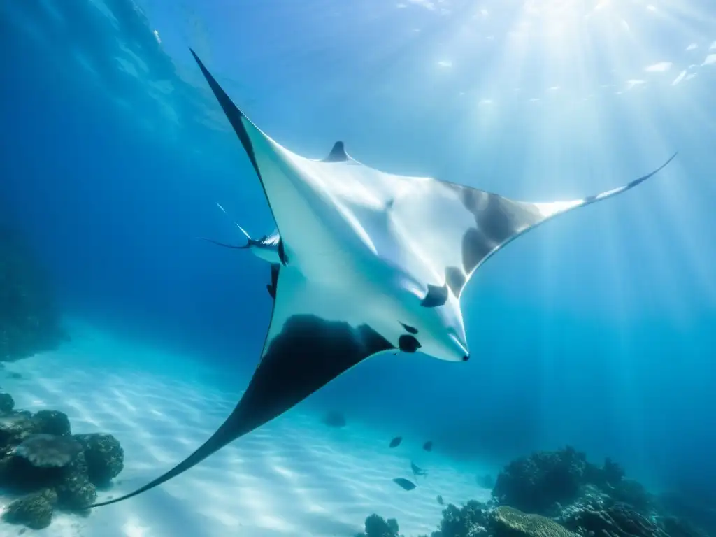 Una majestuosa raya manta en aguas cristalinas con identificación especies tiburones y rayas