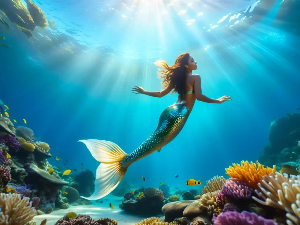 Una majestuosa sirena nada entre arrecifes de coral y vida marina, creando una atmósfera encantadora