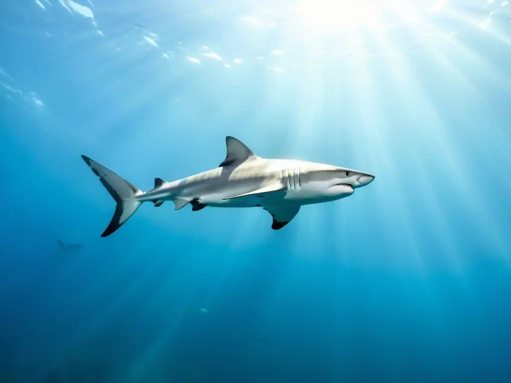 Una majestuosa fotografía submarina captura un grupo de elegantes y poderosos tiburones deslizándose a través de aguas cristalinas