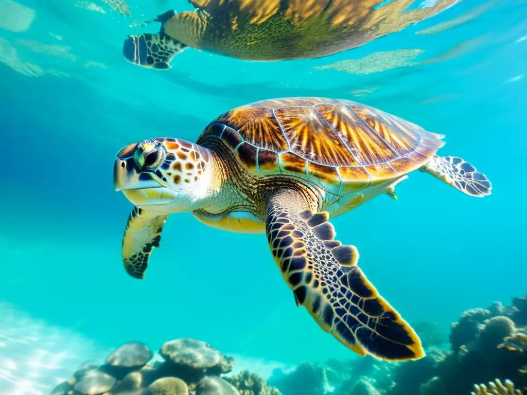 Una majestuosa tortuga boba nada entre corales y peces en aguas turquesa