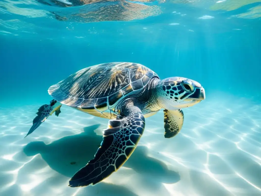 Una majestuosa tortuga laúd nadando con elegante fuerza entre peces coloridos en aguas cristalinas