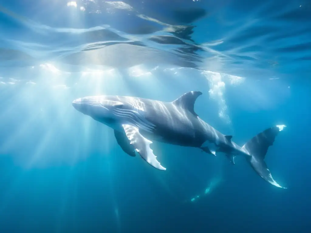 Pod de majestuosas ballenas jorobadas nadando en armonía bajo el agua