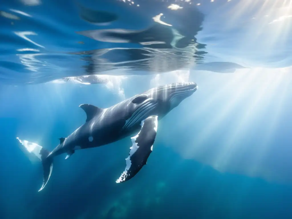 Pod de majestuosas ballenas jorobadas nadando en aguas cristalinas, reflejando su grandeza