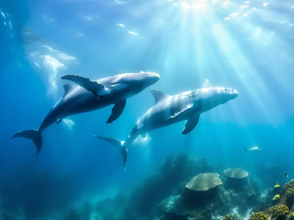 Dos majestuosas ballenas jorobadas nadando graciosamente en aguas cristalinas, iluminadas por el sol