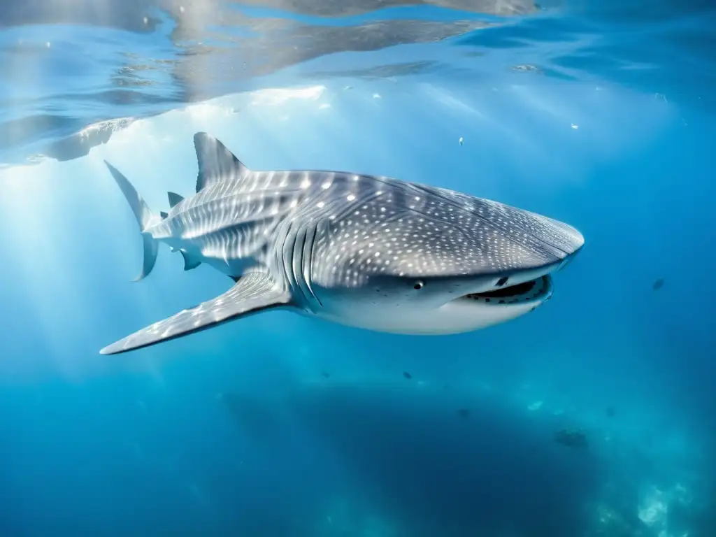 Un majestuoso tiburón ballena nada graciosamente en aguas cristalinas, mostrando la diversidad de tiburones en océanos