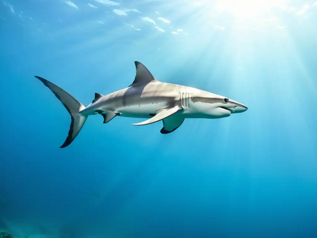 Un majestuoso tiburón martillo nada grácilmente en aguas cristalinas, rodeado de coloridos arrecifes de coral y vida marina