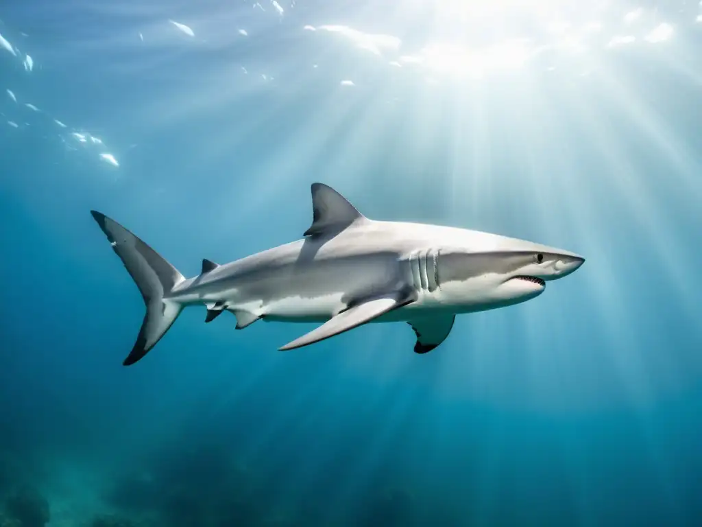 Un majestuoso tiburón oceánico surca aguas cristalinas, rodeado de vida marina y coloridos corales