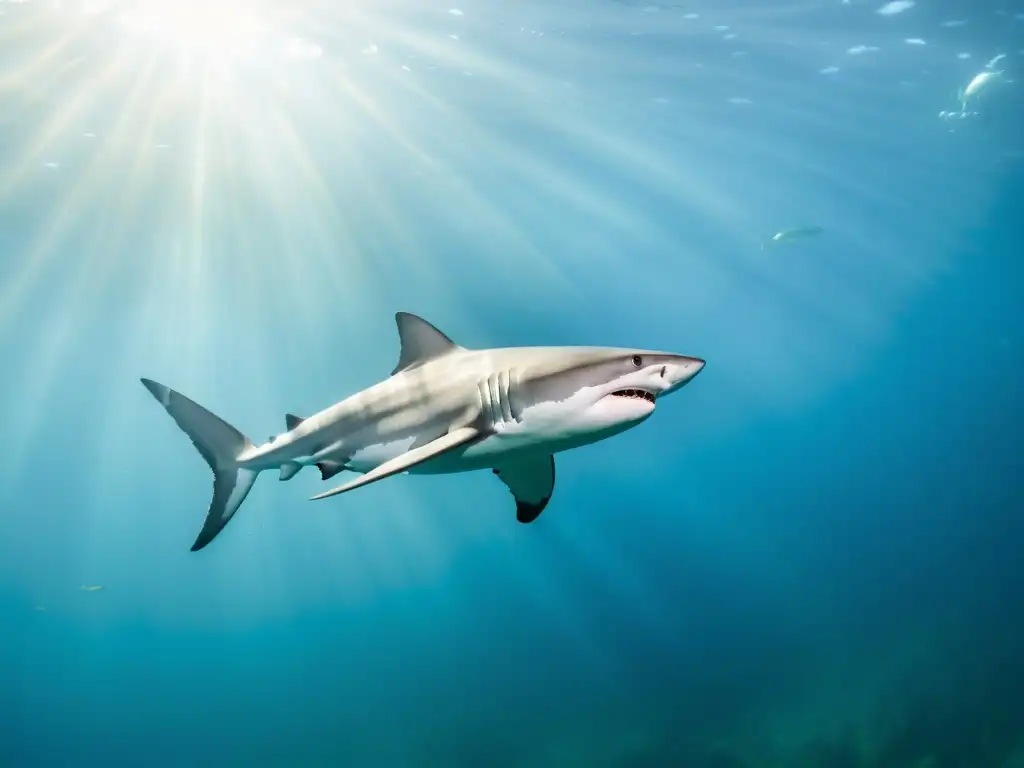 Un majestuoso tiburón surcando las aguas, rodeado de vida marina colorida