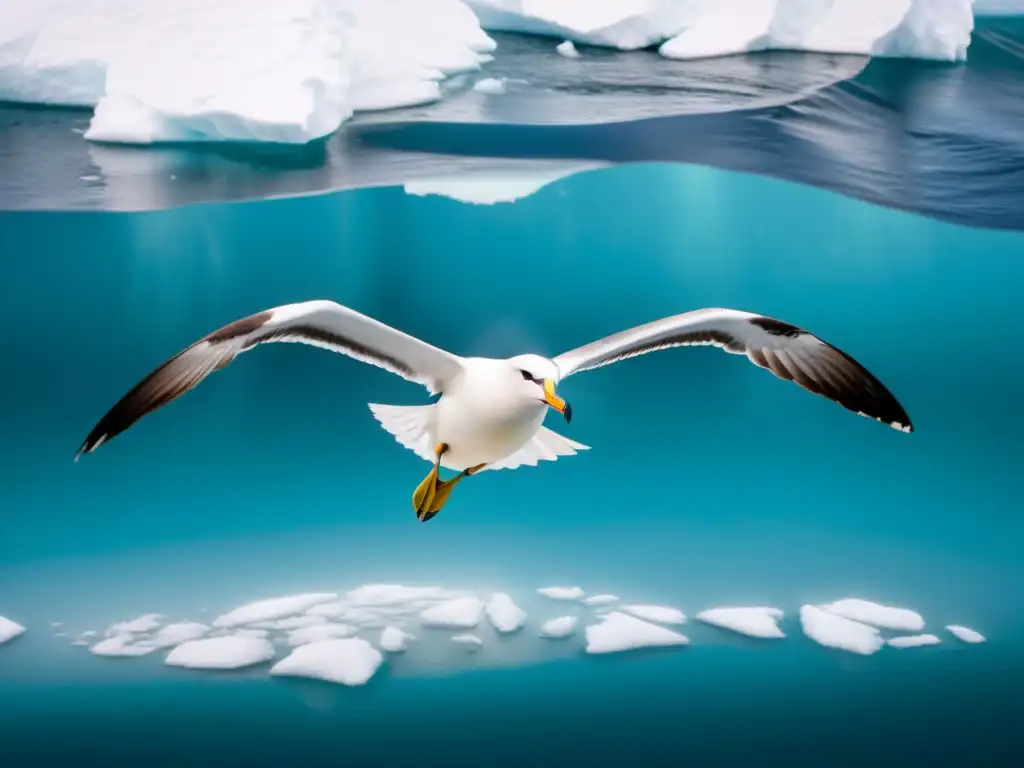 Un majestuoso albatros surcando las aguas heladas de la Antártida, sus alas extendidas proyectando una sombra dramática en el fondo acuamarino