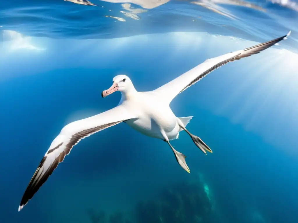 Un majestuoso Albatros Errante planea sobre el cristalino océano, rodeado de vida marina vibrante y coloridos arrecifes de coral