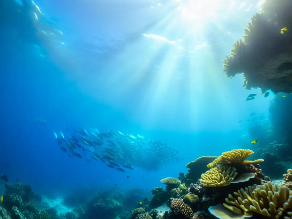 Un majestuoso arrecife de coral con peces vibrantes en tonos azules, amarillos y anaranjados