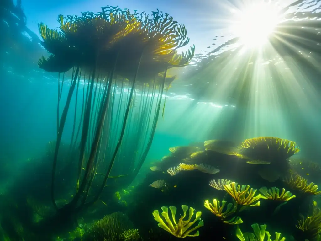 Un majestuoso bosque de algas pardas bajo el mar, con rayos de sol filtrándose y creando un brillo dorado en el agua