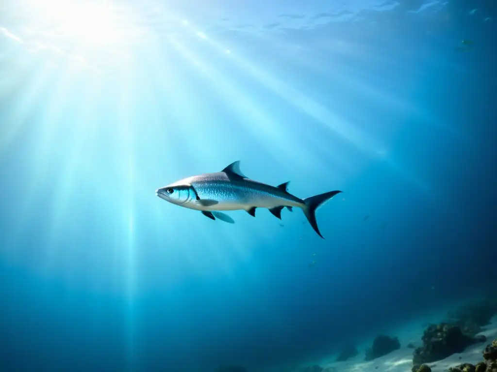 Un majestuoso cardumen de merluzas plateadas nada grácilmente en aguas cristalinas, creando una escena submarina hipnótica