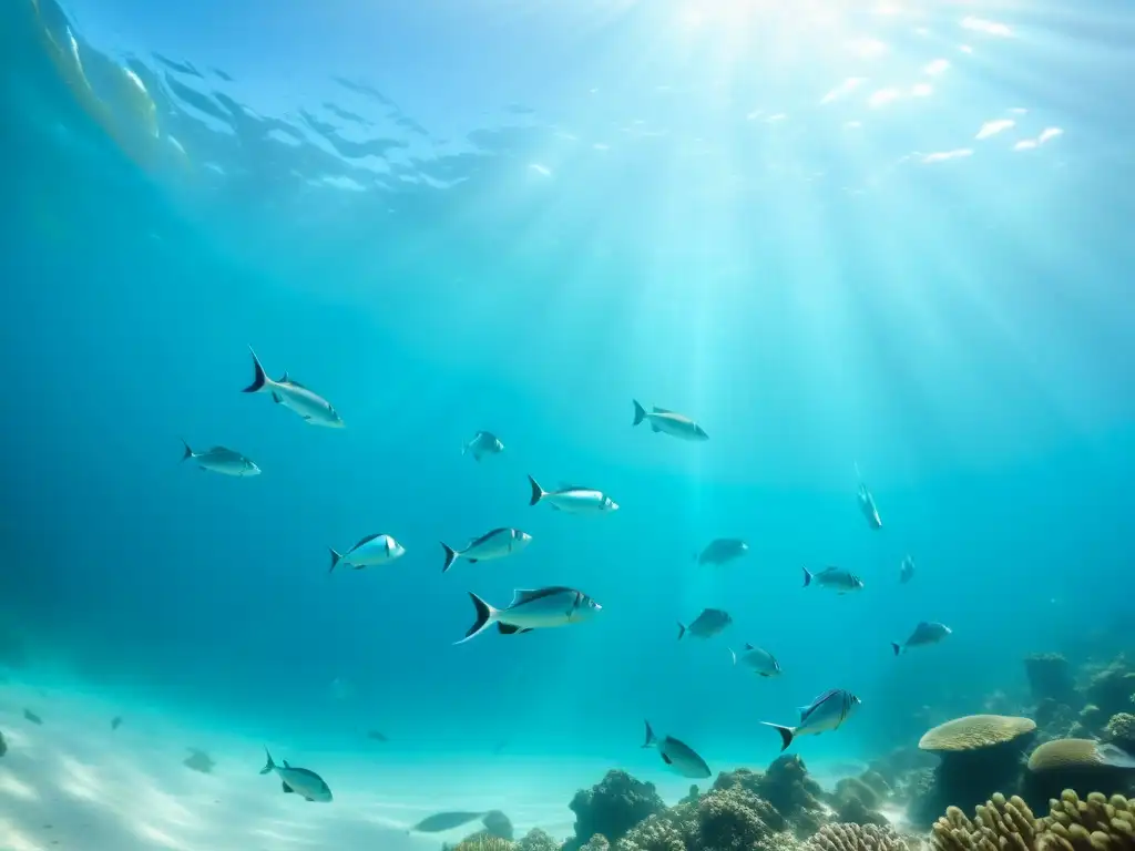 Un majestuoso cardumen de peces cartilaginosos se desliza graciosamente en aguas turquesa cristalinas, mostrando la diversidad de especies