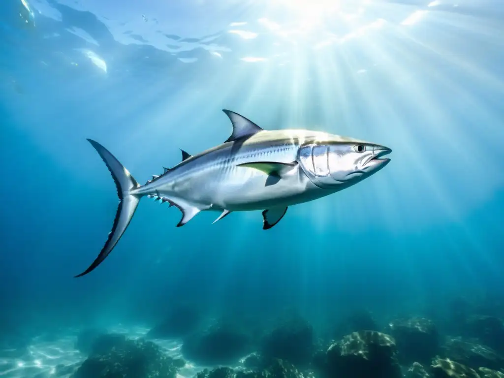 Un majestuoso cardumen de peces pelágicos guía reconocer especies, nadando grácilmente en aguas cristalinas bajo la luz del sol