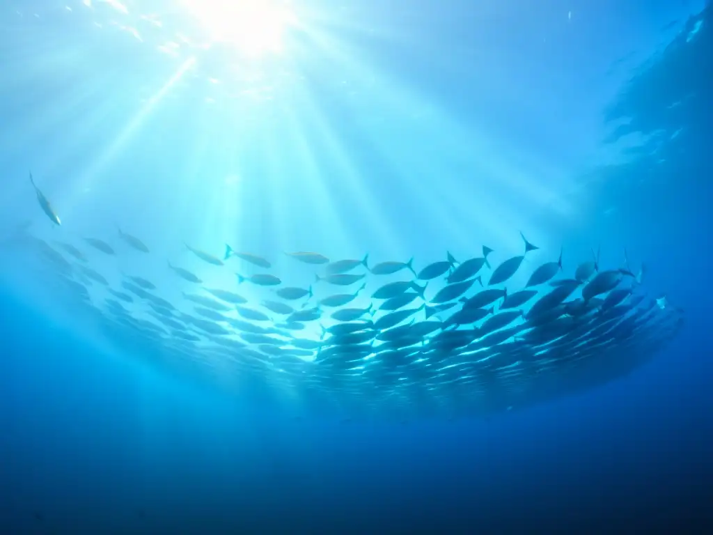 Un majestuoso cardumen de peces pelágicos nada en armonía bajo el agua cristalina