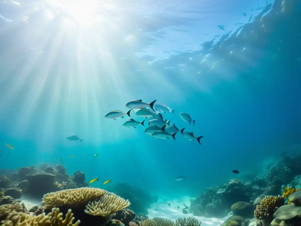 Un majestuoso cardumen de peces plateados nada en armonía entre arrecifes de coral y algas marinas, bajo la luz del sol