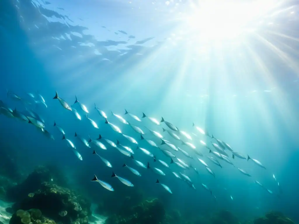 Un majestuoso cardumen de peces plateados nada en aguas cristalinas, creando una hermosa sinfonía acuática