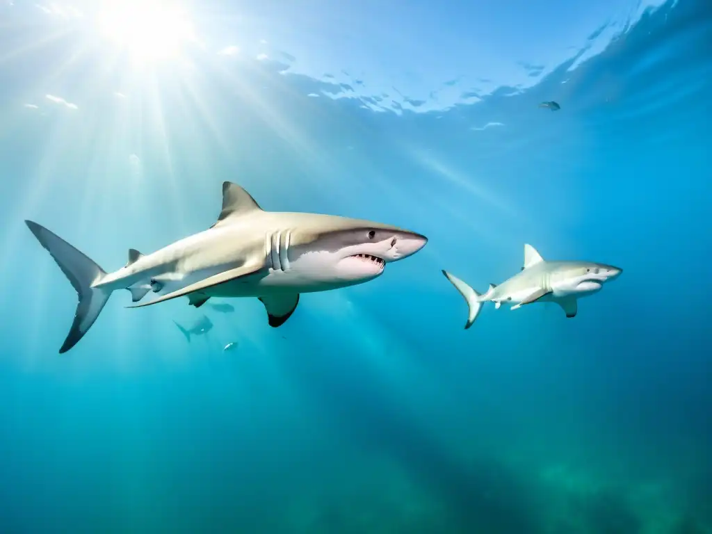 Un majestuoso cardumen de tiburones surcando las aguas cristalinas, evocando la protección de tiburones en reportes ciudadanos