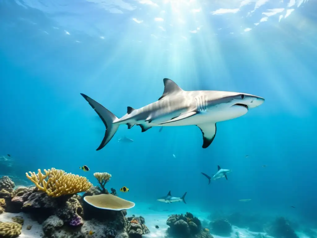 Un majestuoso cardumen de tiburones martillo plateados navegando en aguas cristalinas