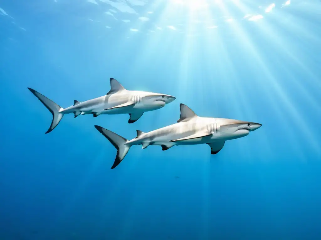 Un majestuoso cardumen de tiburones plateados en su hábitat natural, evocando la conservación tiburones vida marina