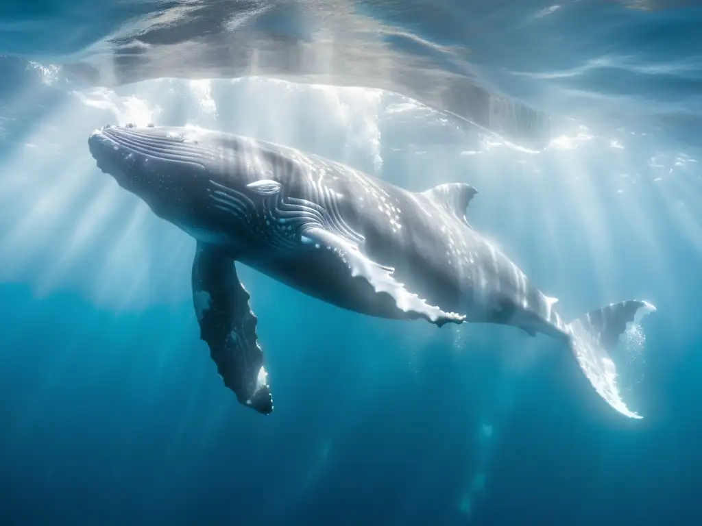 Un majestuoso cetáceo, deslizándose graciosamente en aguas cristalinas con luz solar filtrándose