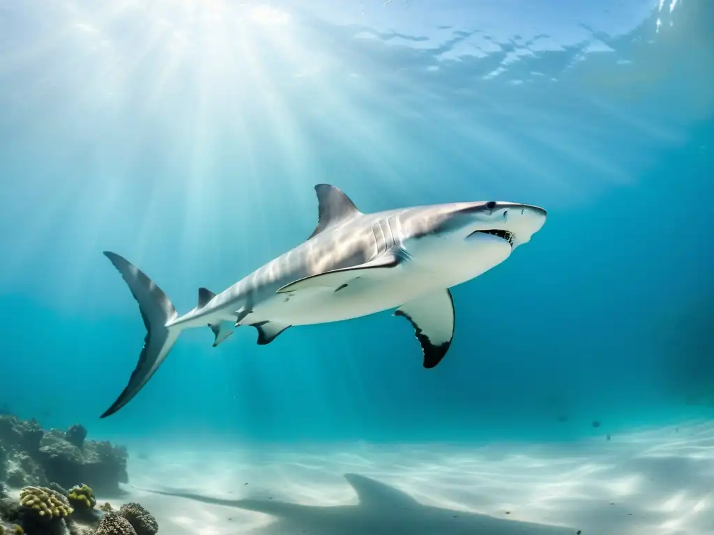 Espectacular tiburón martillo en arrecife de coral Un majestuoso tiburón martillo surca las cristalinas aguas del océano, revelando la belleza de su hábitat y los patrones migratorios