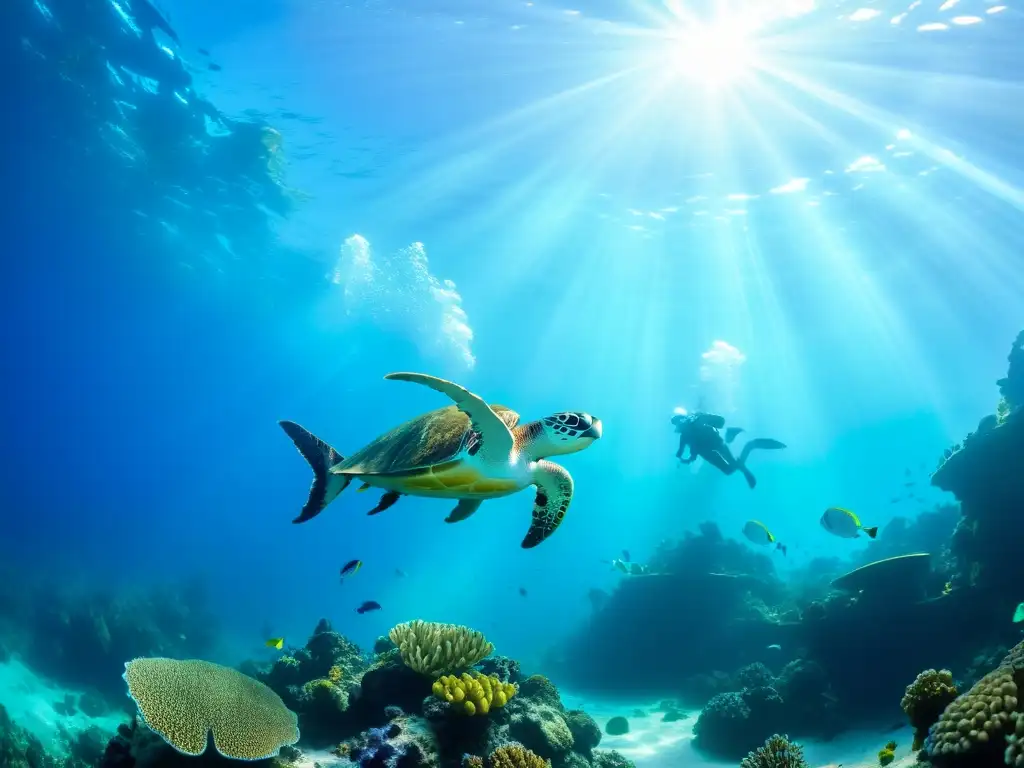 Un majestuoso ecosistema marino con vida diversa y colorida, donde destaca una tortuga marina