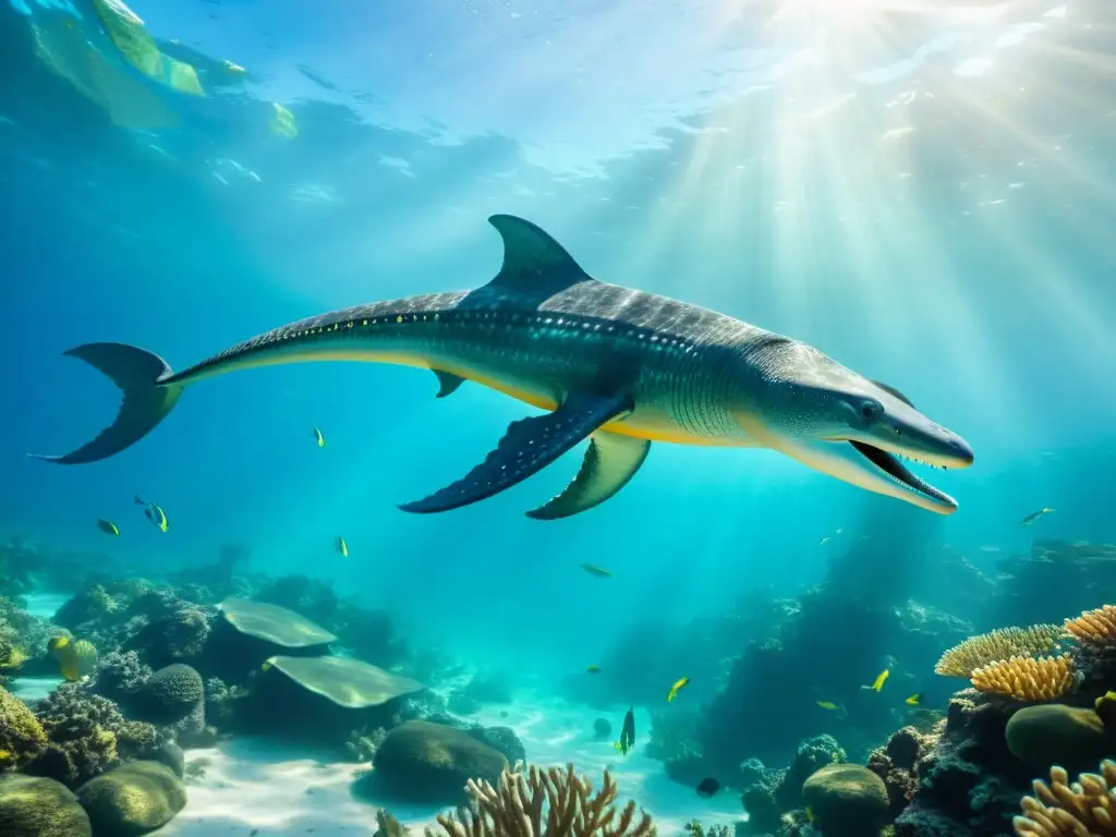 El majestuoso Elasmosaurio prehistórico surca las cristalinas aguas, rodeado de peces antiguos