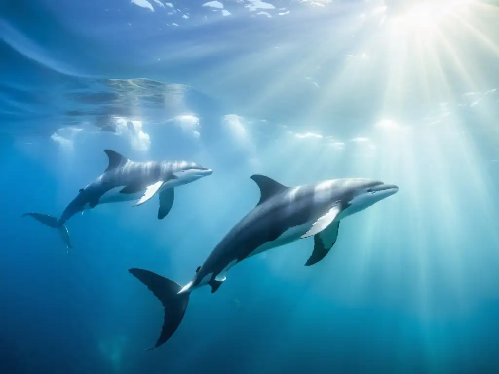 Un majestuoso encuentro de cetáceos en un santuario marino, donde ballenas, orcas y delfines nadan juntos en armonía bajo la luz del sol