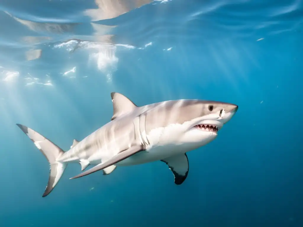 Un majestuoso Gran Tiburón Blanco patrulla con gracia su reino acuático, mientras la luz del sol ilumina su piel marmórea