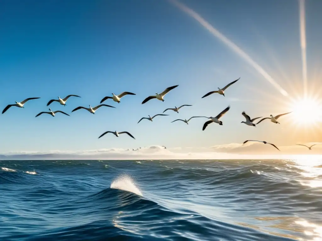 Un majestuoso grupo de albatros sobrevolando un vasto océano, transmitiendo la libertad y la fragilidad de la naturaleza