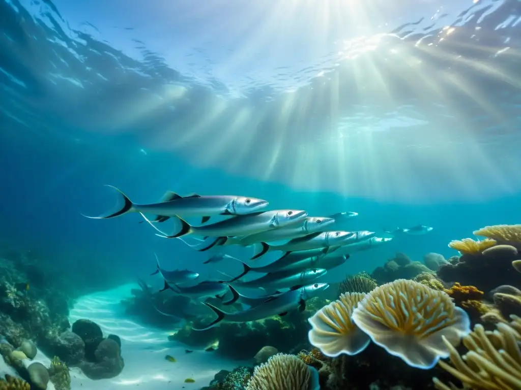 Un majestuoso grupo de anguilas plateadas nadando entre corales y plantas marinas en el Camino de las anguilas oceánicas