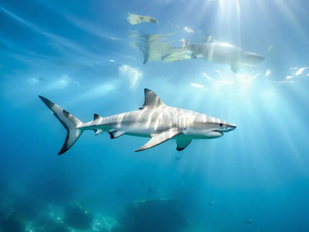 Un majestuoso grupo de tiburones nada con gracia en aguas cristalinas, evocando asombro por la vida marina y la conservación de los tiburones