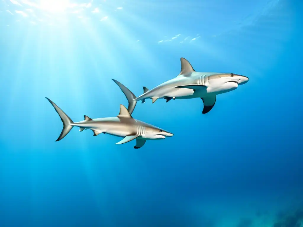 Un majestuoso grupo de tiburones martillo nada en aguas cristalinas