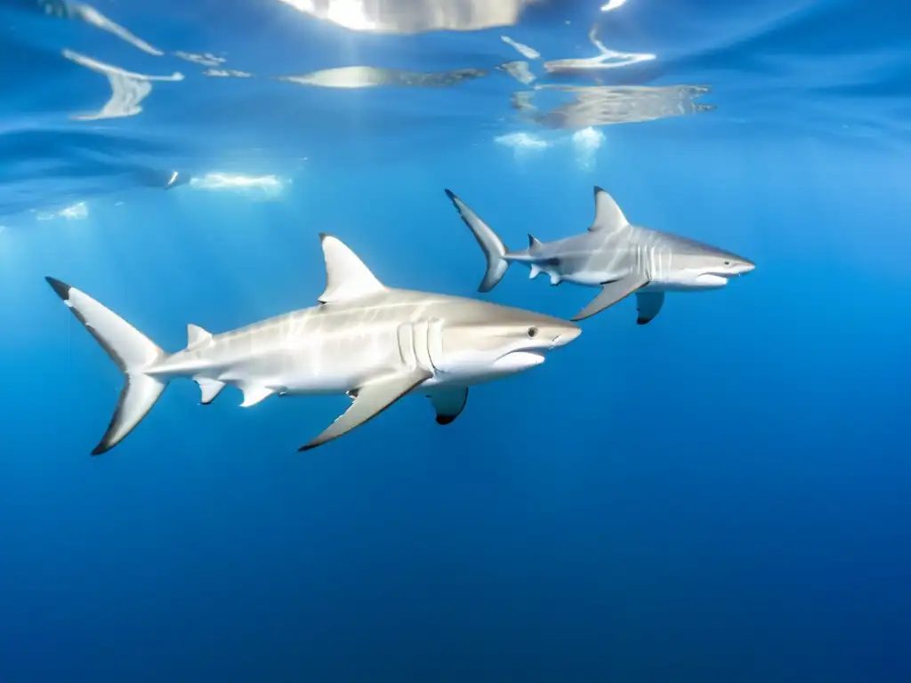 Un majestuoso grupo de tiburones oceánicos de puntas blancas deslizándose graciosamente en aguas cristalinas