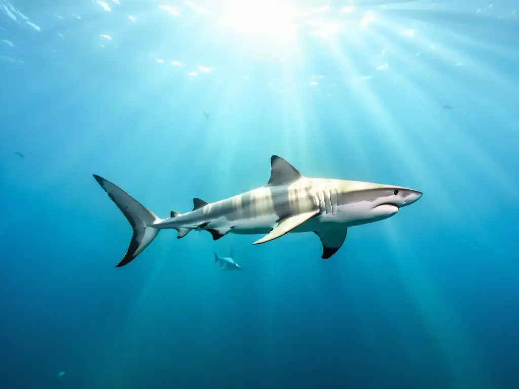 Un majestuoso grupo de tiburones y rayas nada en aguas cristalinas, capturando la diversidad y belleza de estas especies marinas