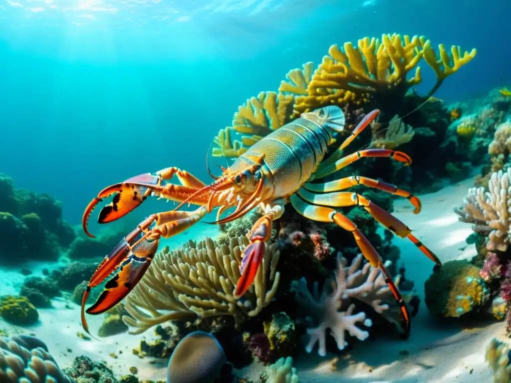 Un majestuoso langosta marina descansa en un arrecife de coral, realzando la belleza del ambiente marino