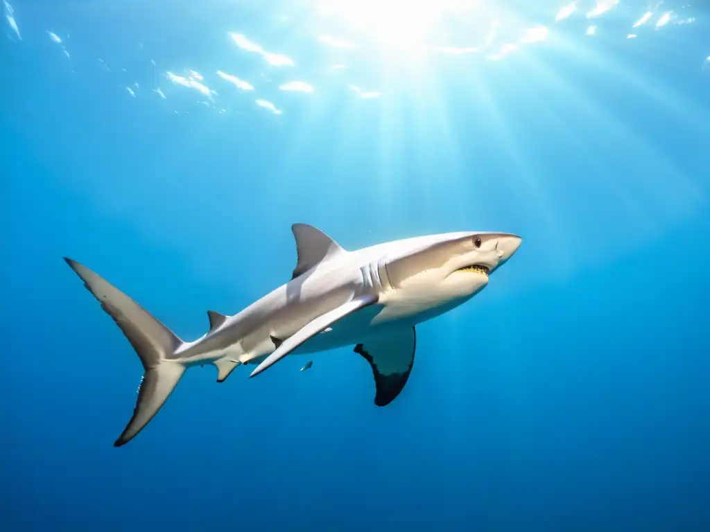 Un majestuoso tiburón oceánico de aleta blanca nada con gracia en aguas cristalinas