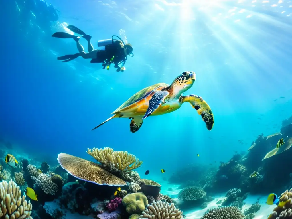 Un majestuoso paisaje marino con coral, peces tropicales y una tortuga nadando en aguas cristalinas