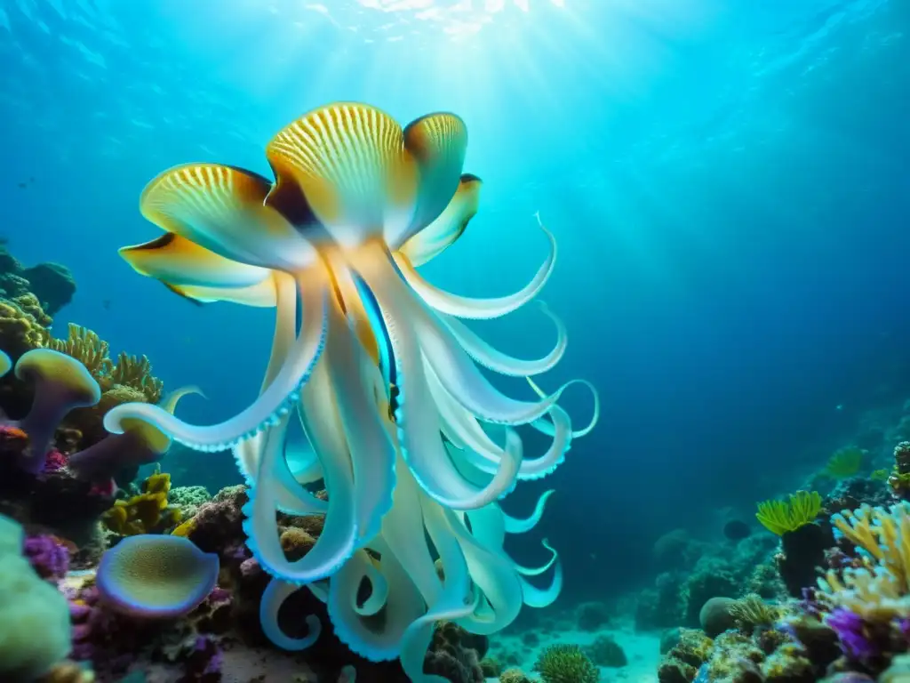 Un majestuoso paisaje submarino con una escuela de calamares opalescentes entre arrecifes de coral coloridos