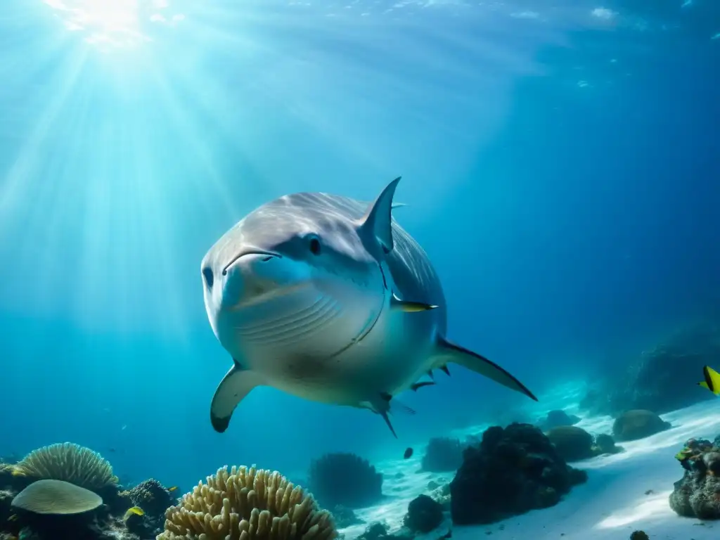 Un majestuoso pez luna oceánico nada entre la vida marina en un impresionante espectáculo submarino, resaltando la conservación del pez luna oceánico