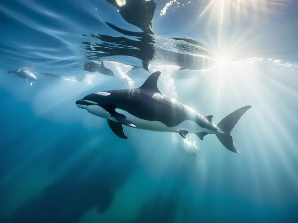 Un majestuoso pod de orcas plateadas se desliza elegantemente en aguas cristalinas