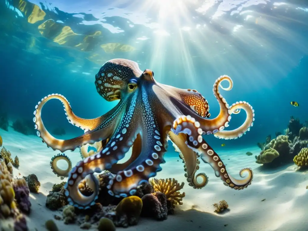 Un majestuoso pulpo nada en un vibrante mundo submarino