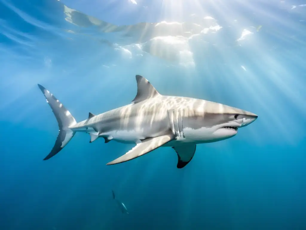 Un majestuoso tiburón blanco se desliza grácilmente en aguas cristalinas frente a Isla Guadalupe