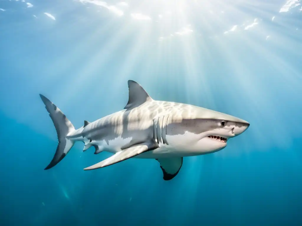 Un majestuoso tiburón blanco nada elegantemente en aguas cristalinas, proyectando un aura de belleza y peligro