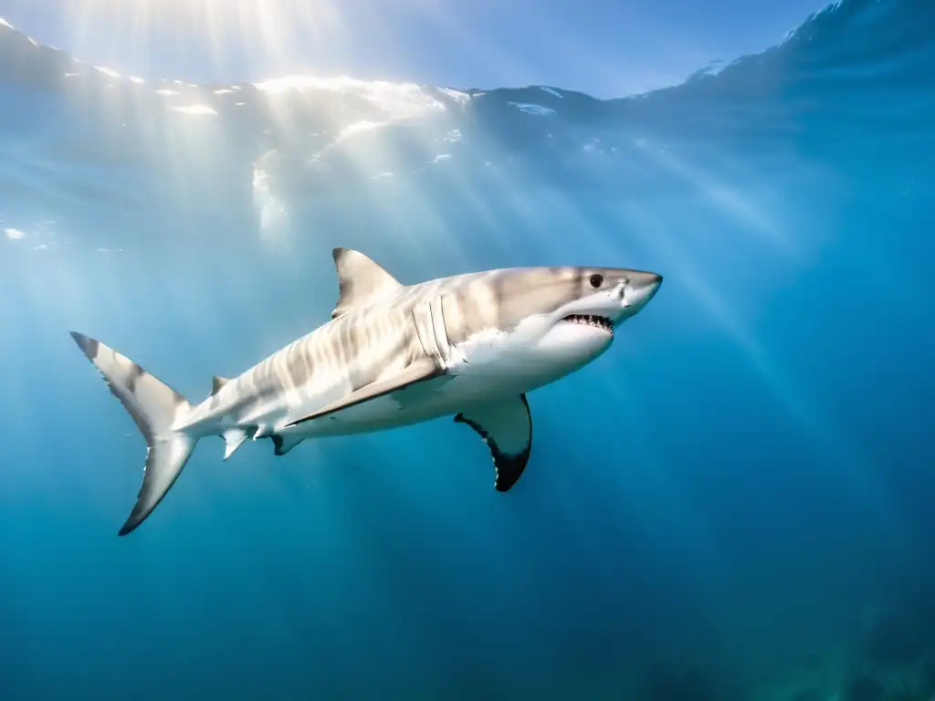 Un majestuoso tiburón blanco nada grácilmente en las cristalinas aguas frente a Isla Guadalupe, rodeado de vida marina