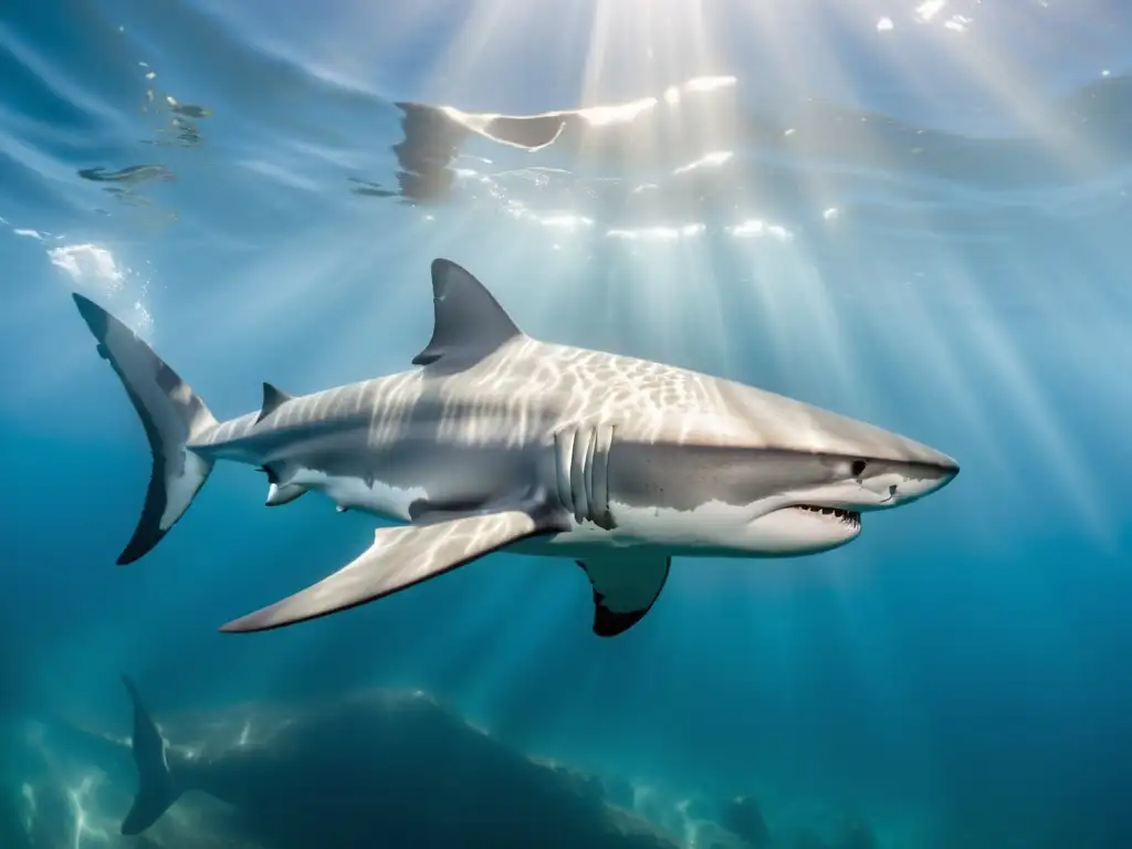 Un majestuoso tiburón deslizándose con sensibilidad táctil en aguas cristalinas